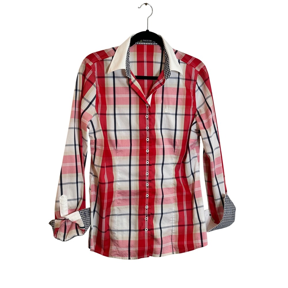 Fior Da Liso Bernada I Shirt Size 14 Red White Plaid Flip Cuffs Equestrian